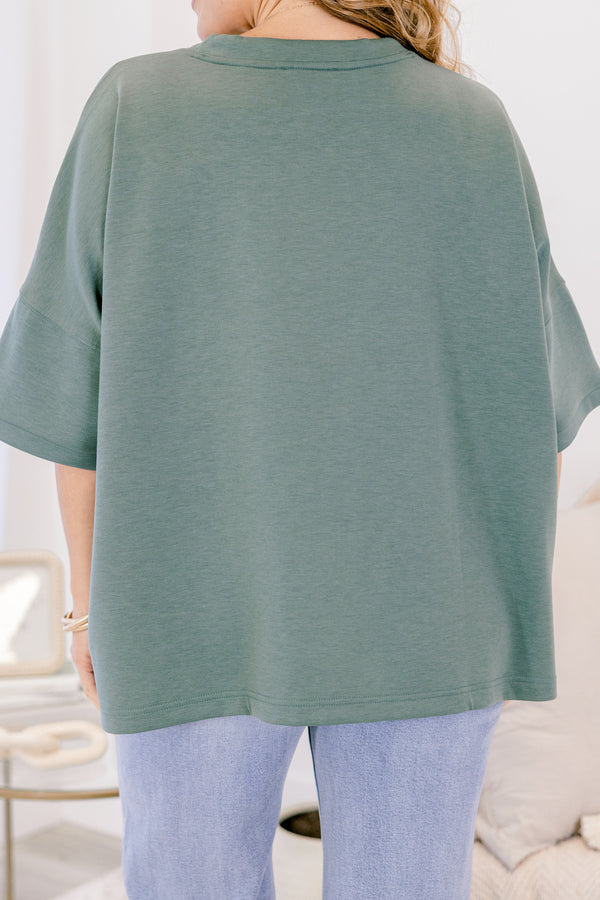 Chic Soul plus size clothing, dusty green short sleeve slightly cropped flowy tshirt top