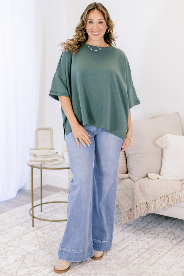 Chic Soul plus size clothing, dusty green short sleeve slightly cropped flowy tshirt top