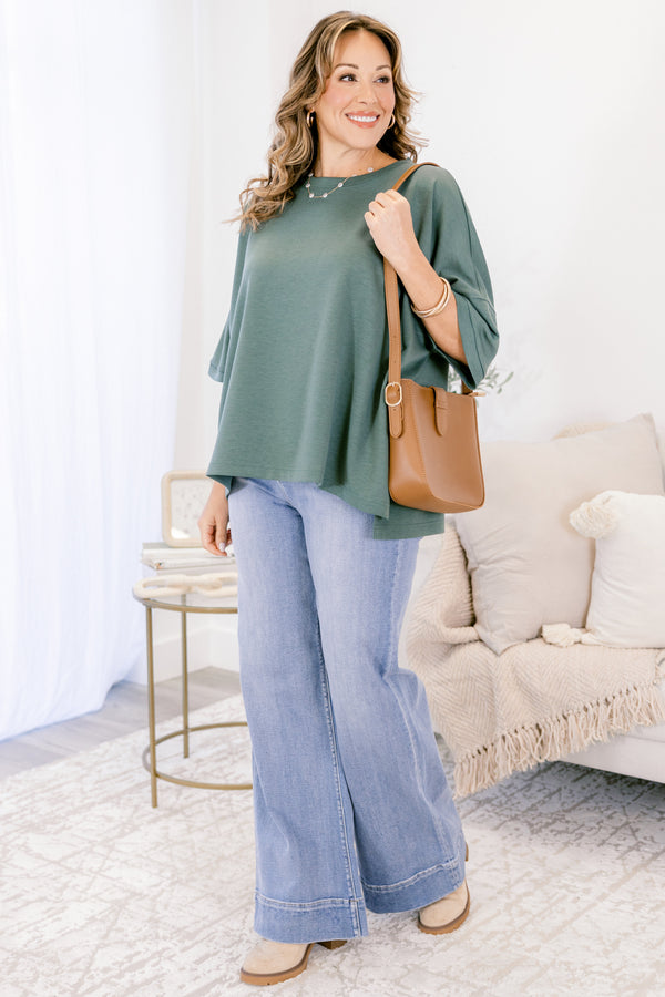 Chic Soul plus size clothing, dusty green short sleeve slightly cropped flowy tshirt top