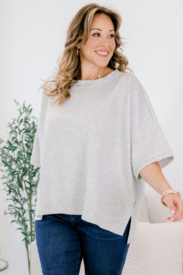 Chic Soul plus size clothing, heather grey short wide sleeve flowy tee
