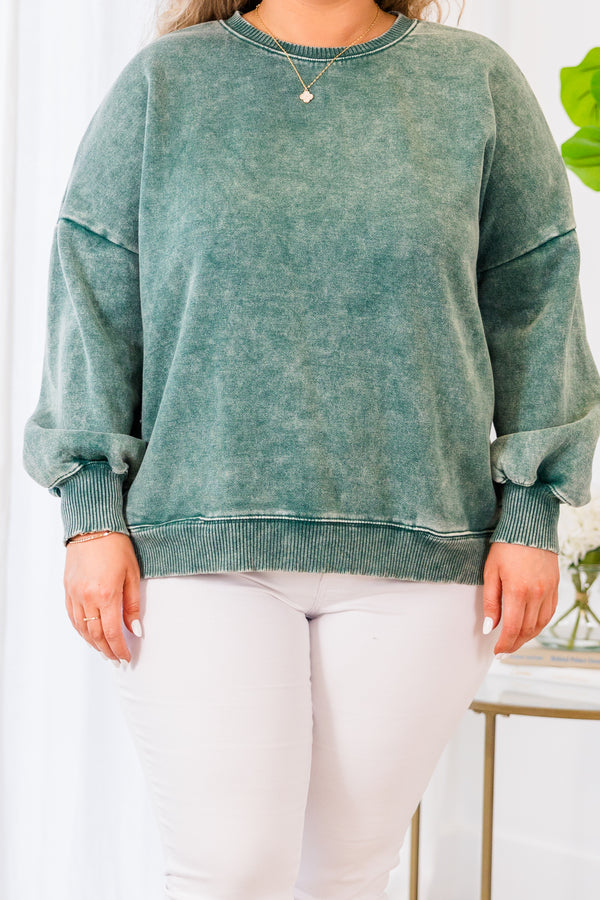 Chic Soul plus size clothing, dark green long sleeve acid wash pullover with cuff sleeves
