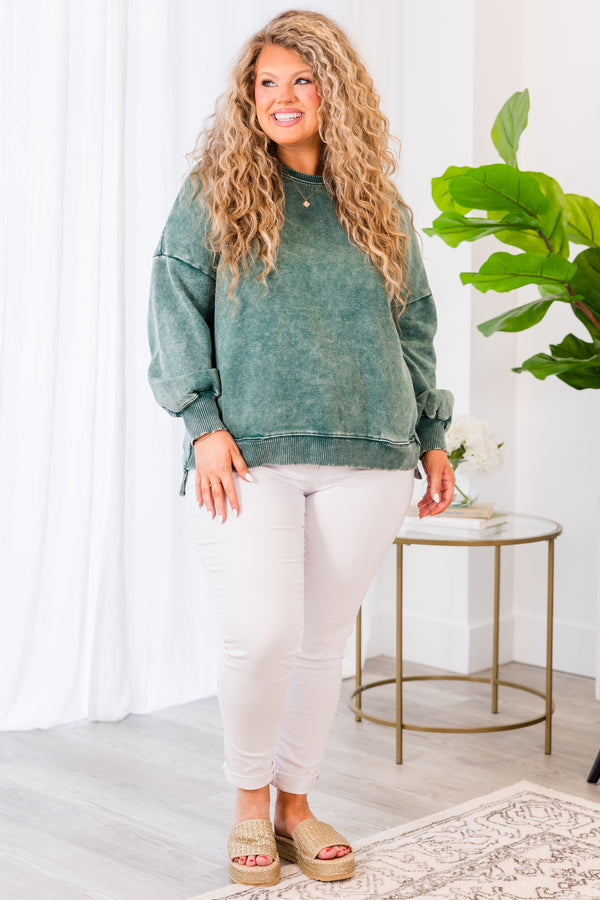 Chic Soul plus size clothing, dark green long sleeve acid wash pullover with cuff sleeves