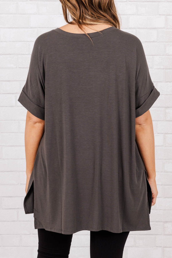 Chic Soul plus size clothing, ash grey short sleeves top with pre cuffed sleeves and a v neck