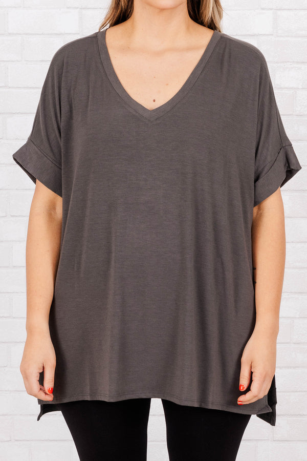 Chic Soul plus size clothing, ash grey short sleeves top with pre cuffed sleeves and a v neck