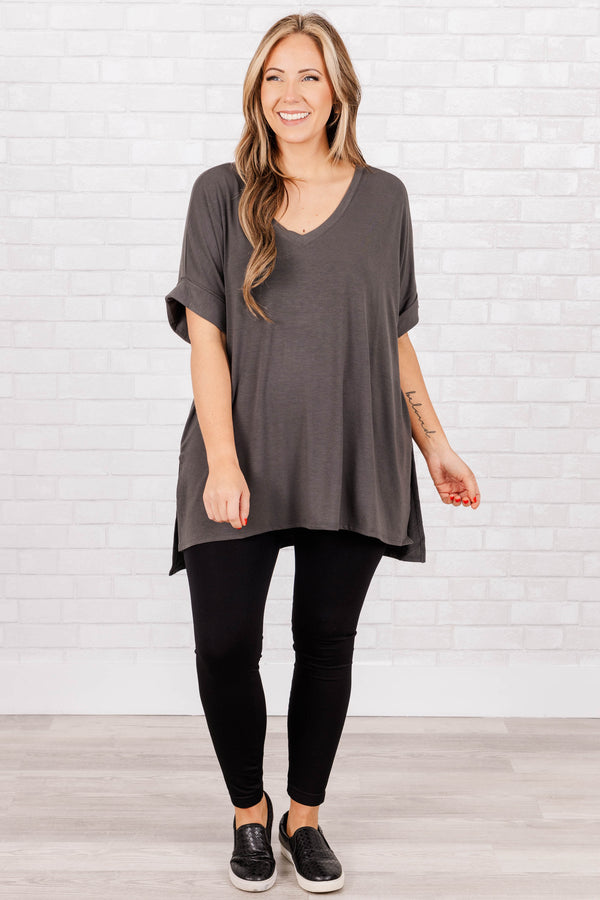 Chic Soul plus size clothing, ash grey short sleeves top with pre cuffed sleeves and a v neck