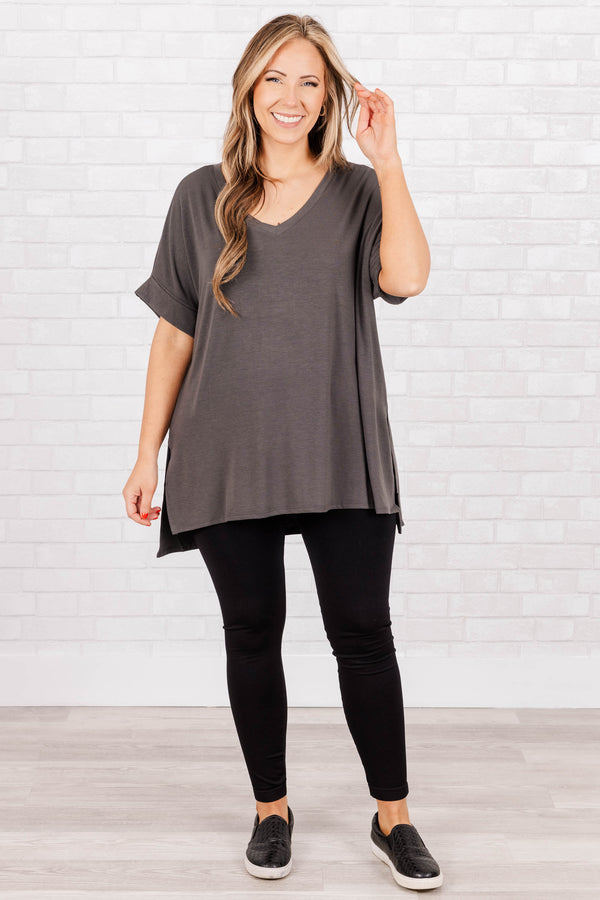 Chic Soul plus size clothing, ash grey short sleeves top with pre cuffed sleeves and a v neck