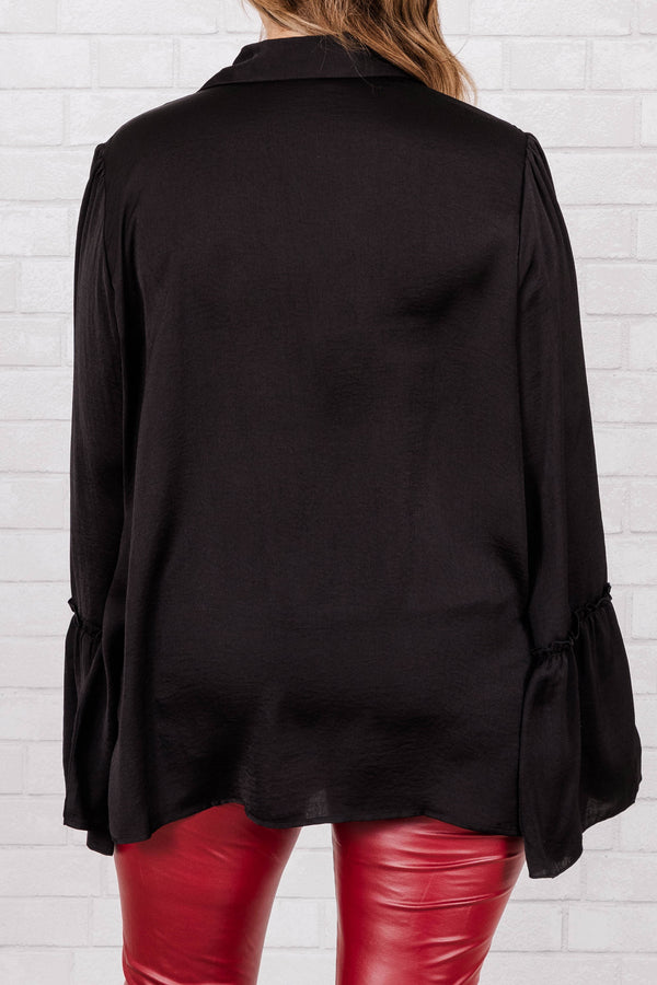 Chic Soul plus size clothing, black silky top with tie at neckline and flowy sleeves