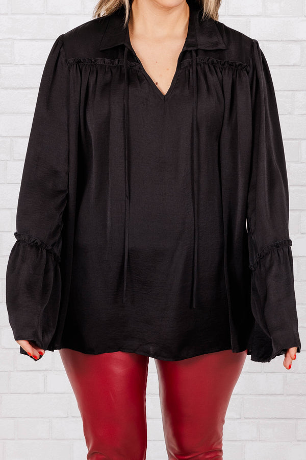 Chic Soul plus size clothing, black silky top with tie at neckline and flowy sleeves