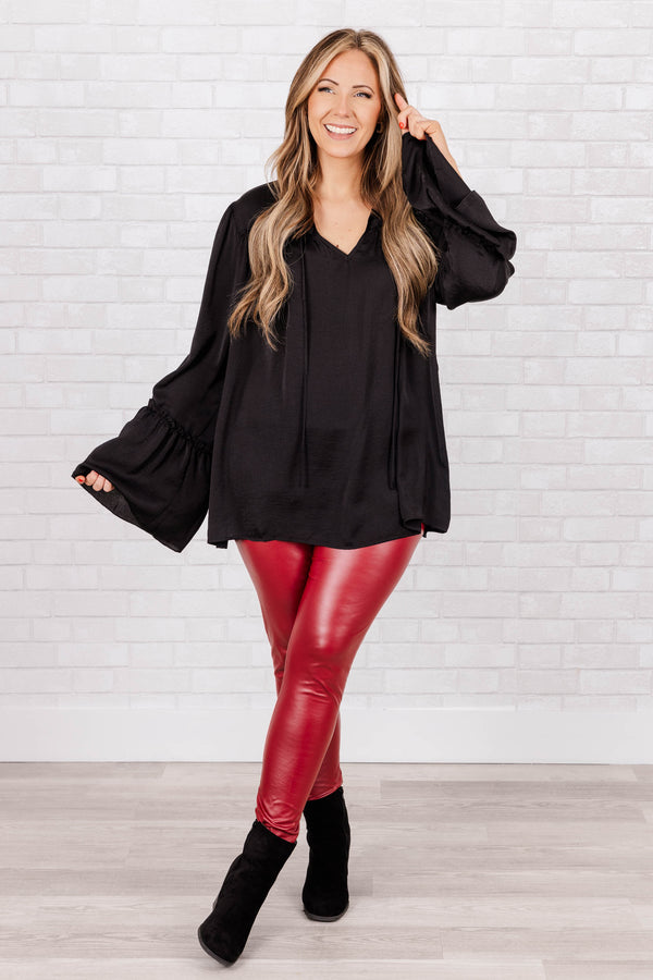 Chic Soul plus size clothing, black silky top with tie at neckline and flowy sleeves