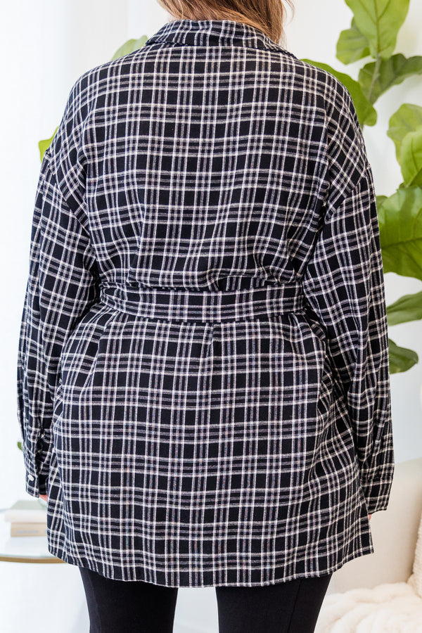 Chic Soul plus size clothing, black plaid print long sleeve button up tunic with collar and waist tie detail with strap belt