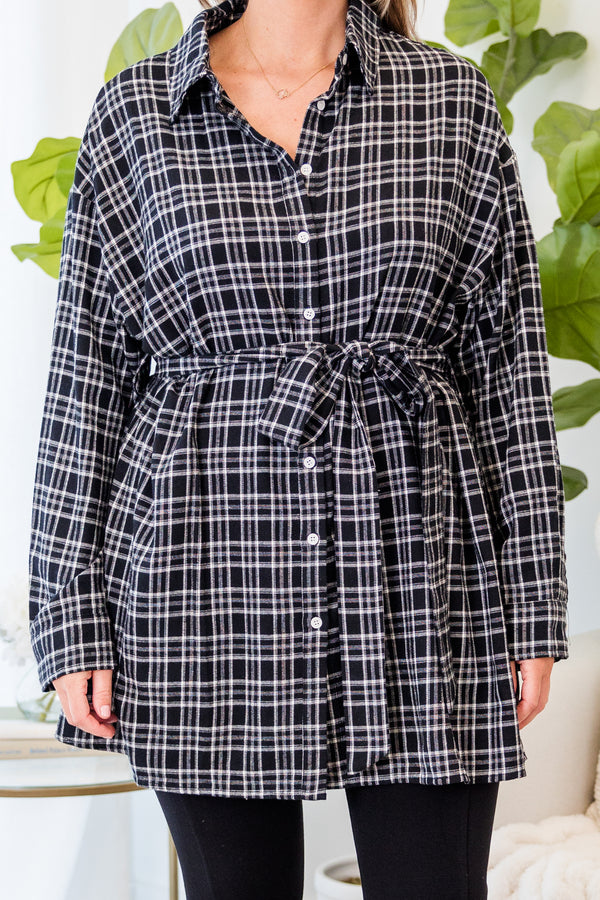 Chic Soul plus size clothing, black plaid print long sleeve button up tunic with collar and waist tie detail with strap belt