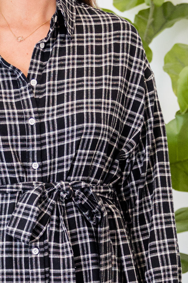 Chic Soul plus size clothing, black plaid print long sleeve button up tunic with collar and waist tie detail with strap belt