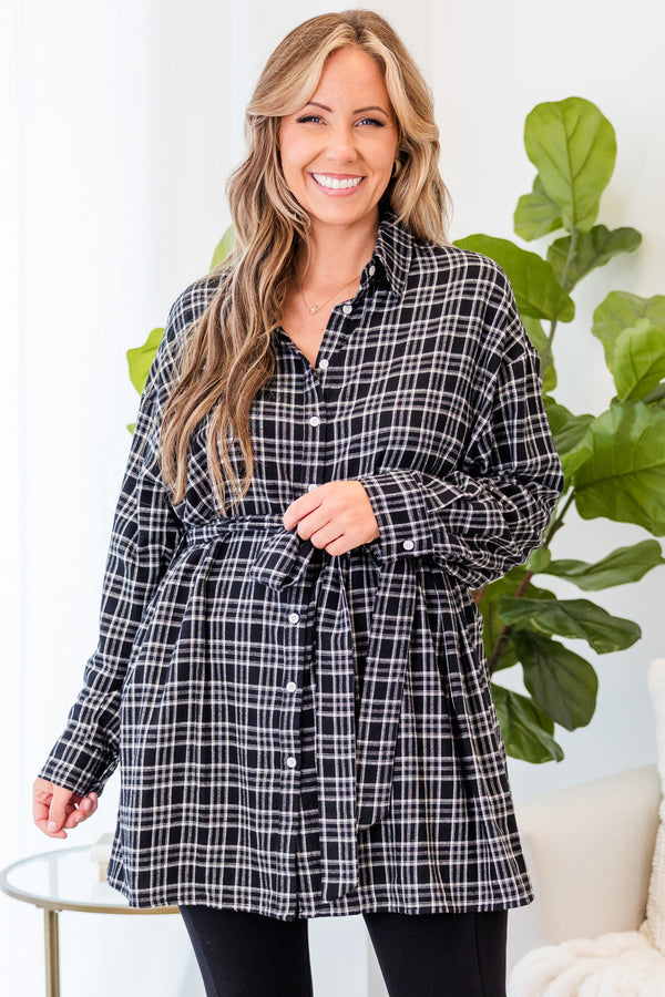 Chic Soul plus size clothing, black plaid print long sleeve button up tunic with collar and waist tie detail with strap belt