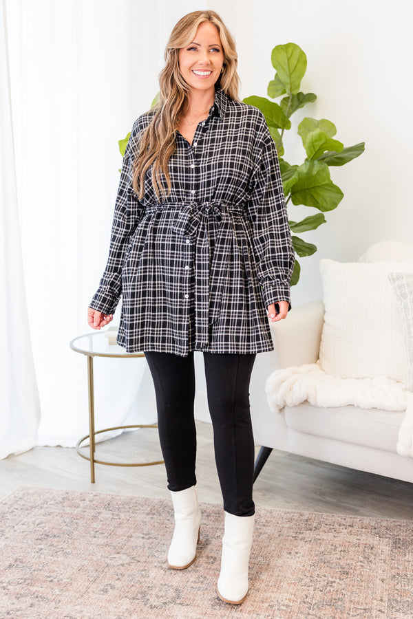 Chic Soul plus size clothing, black plaid print long sleeve button up tunic with collar and waist tie detail with strap belt