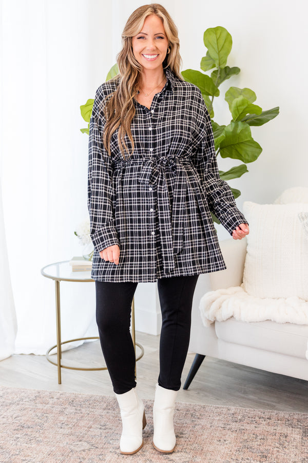 Chic Soul plus size clothing, black plaid print long sleeve button up tunic with collar and waist tie detail with strap belt