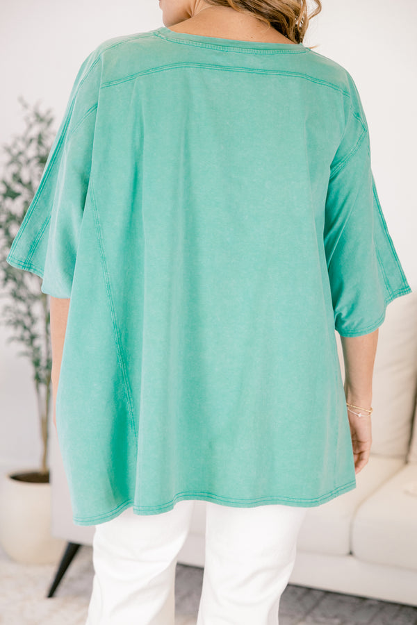 Chic Soul plus size clothing, turquoise flowy tunic with a high neck and short sleeves 
