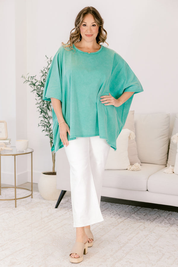 Chic Soul plus size clothing, turquoise flowy tunic with a high neck and short sleeves 
