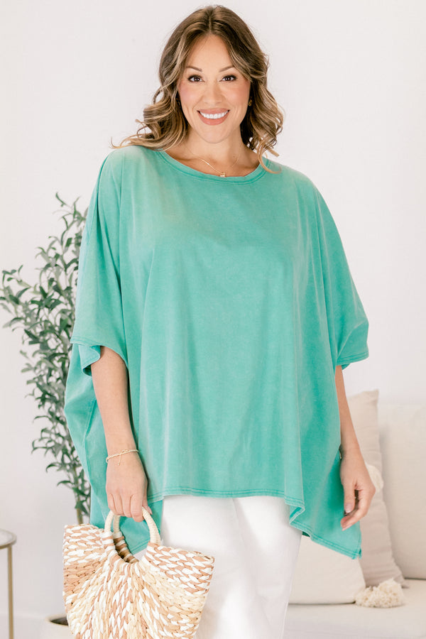 Chic Soul plus size clothing, turquoise flowy tunic with a high neck and short sleeves 
