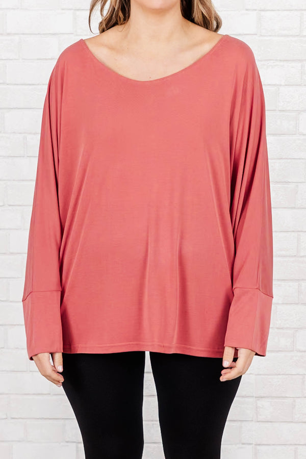 Chic Soul plus size clothing, blush long sleeve top with cuff sleeves and scoop neck
