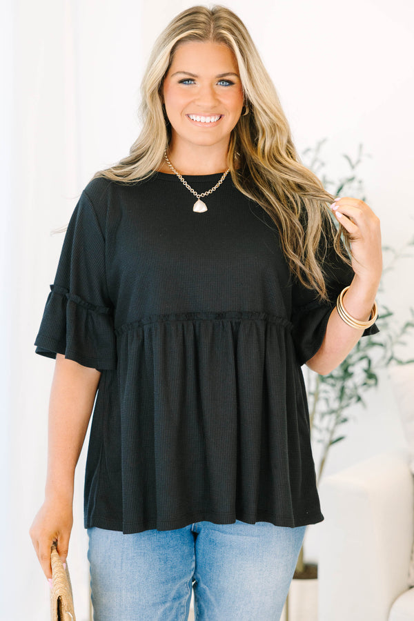 Chic Soul plus size clothing, short-sleeve black ruffled baby doll tunic with a high-scoop-neckline 