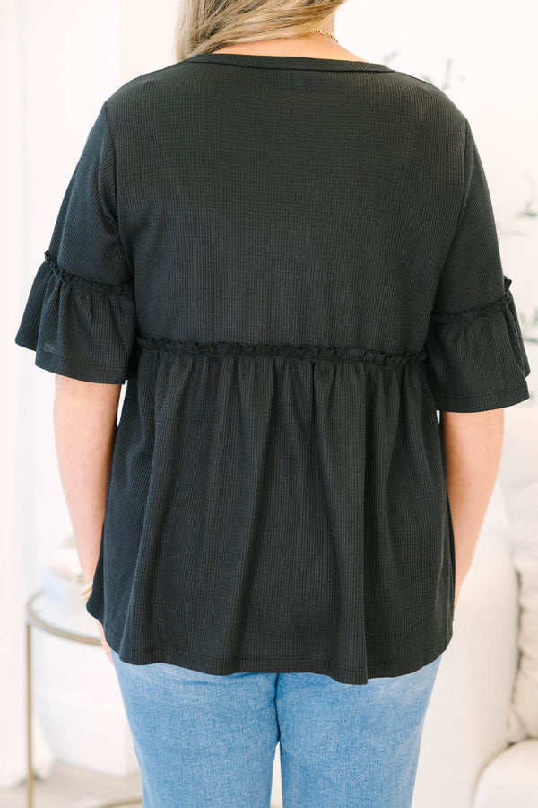Chic Soul plus size clothing, short-sleeve black ruffled baby doll tunic with a high-scoop-neckline 