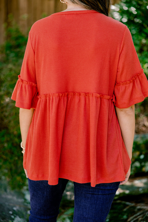 Chic Soul plus size clothing, burnt orange short ruffle sleeve baby doll top