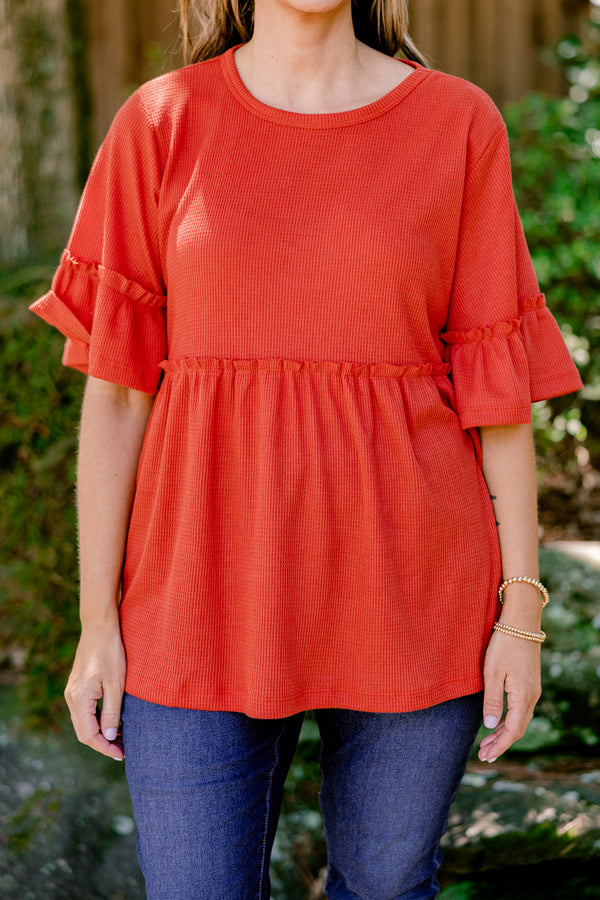 Chic Soul plus size clothing, burnt orange short ruffle sleeve baby doll top