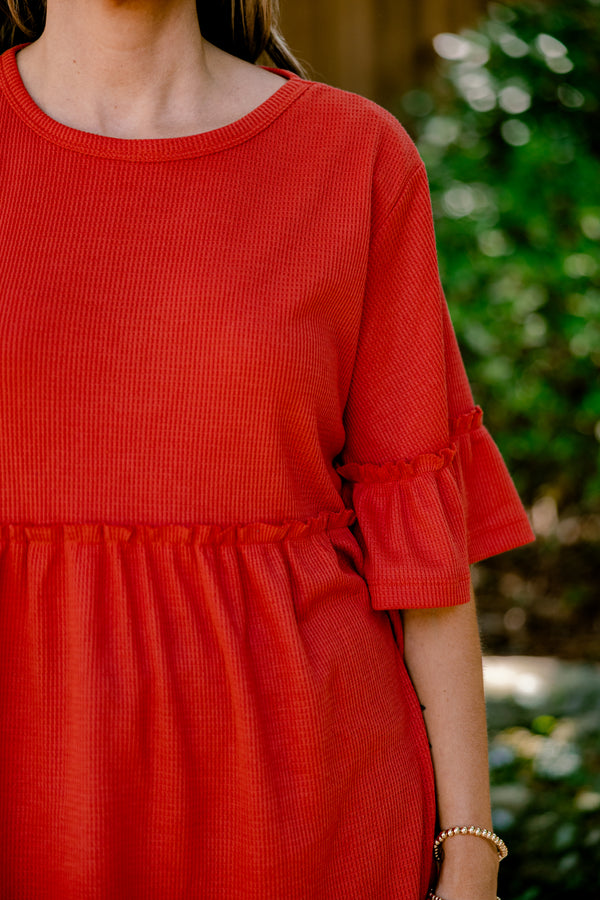 Chic Soul plus size clothing, burnt orange short ruffle sleeve baby doll top