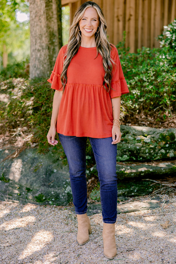 Chic Soul plus size clothing, burnt orange short ruffle sleeve baby doll top