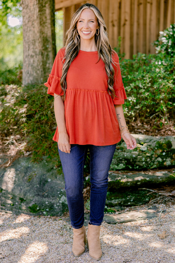 Chic Soul plus size clothing, burnt orange short ruffle sleeve baby doll top