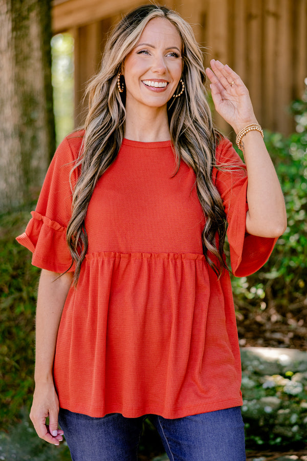 Chic Soul plus size clothing, burnt orange short ruffle sleeve baby doll top