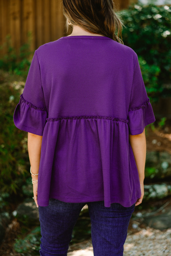 Chic Soul plus size clothing, eggplant purple short sleeve babydoll tunic with ruffle sleeve