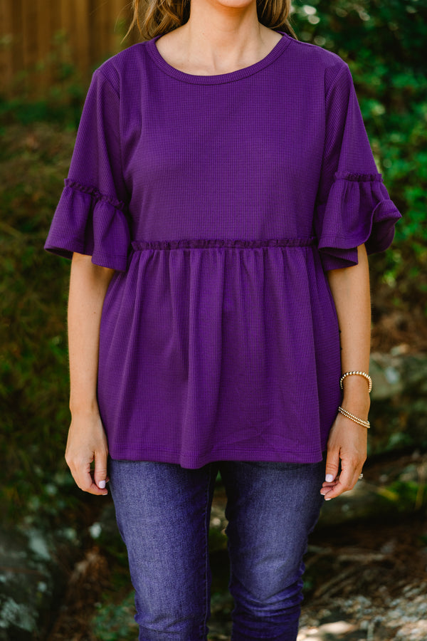 Chic Soul plus size clothing, eggplant purple short sleeve babydoll tunic with ruffle sleeve