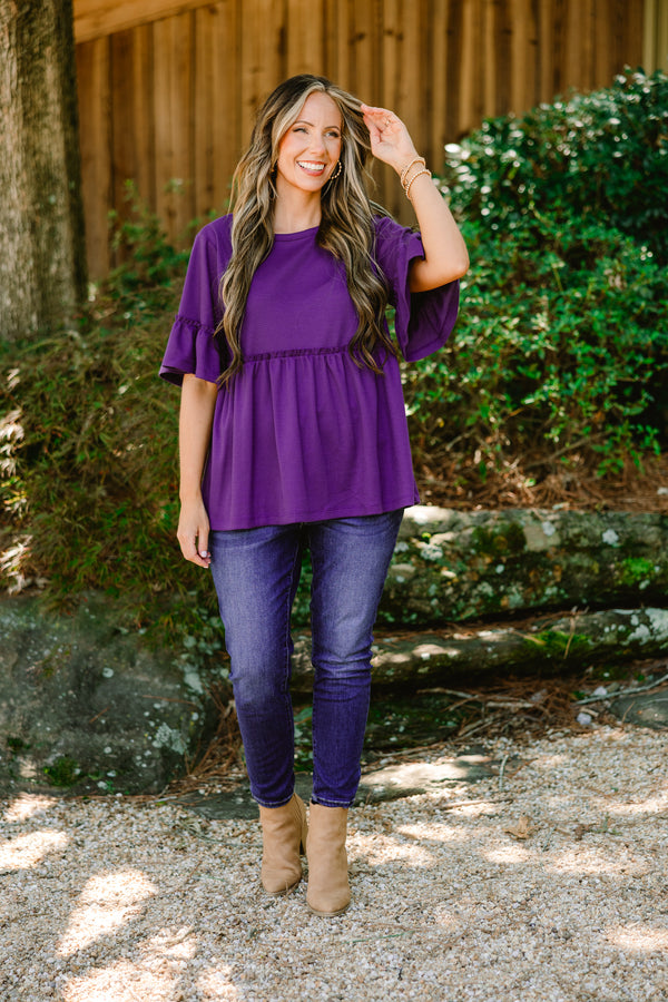 Chic Soul plus size clothing, eggplant purple short sleeve babydoll tunic with ruffle sleeve
