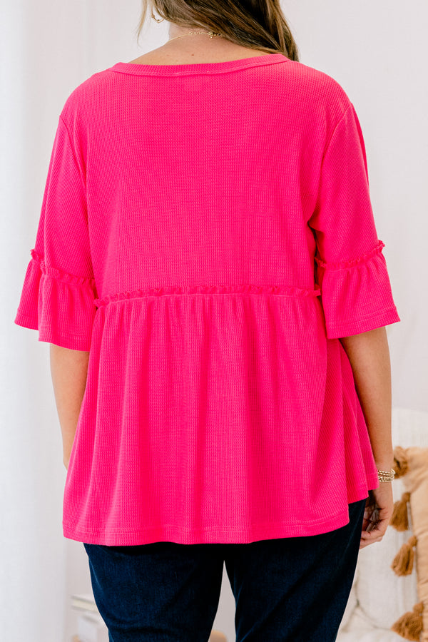 Chic Soul plus size clothing, hot pink tunic with short sleeves that have a ruffle detail at each end of the sleeve 
