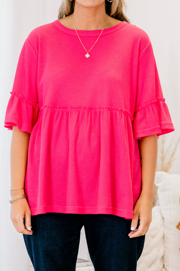 Chic Soul plus size clothing, hot pink tunic with short sleeves that have a ruffle detail at each end of the sleeve 