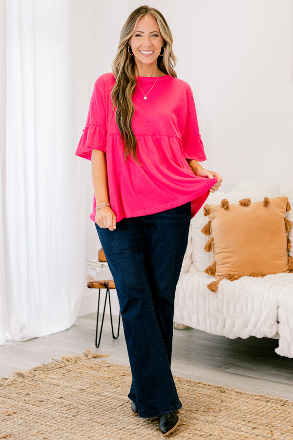 Chic Soul plus size clothing, hot pink tunic with short sleeves that have a ruffle detail at each end of the sleeve 