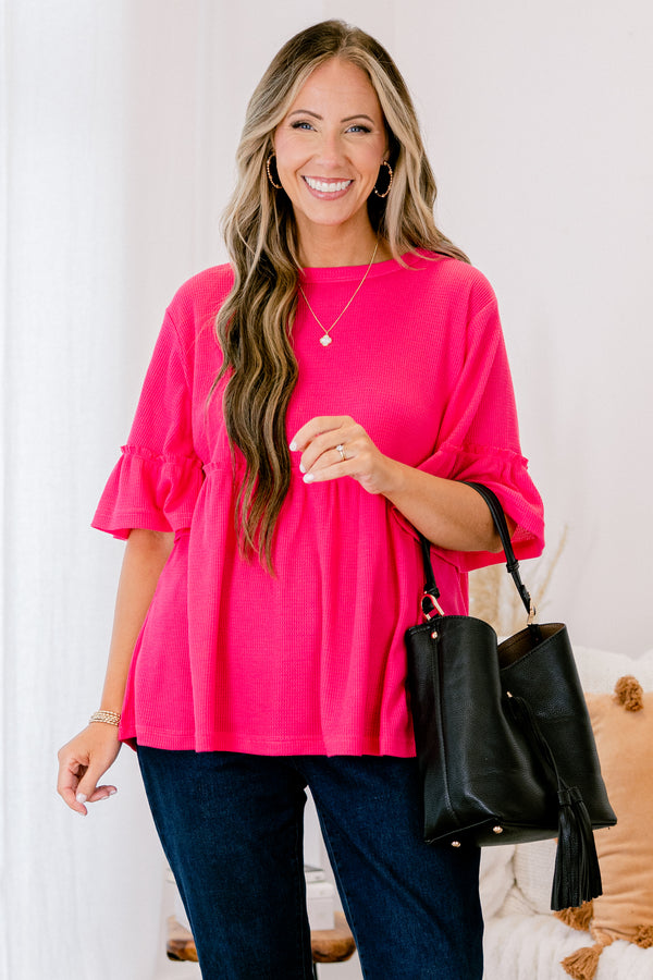 Chic Soul plus size clothing, hot pink tunic with short sleeves that have a ruffle detail at each end of the sleeve 