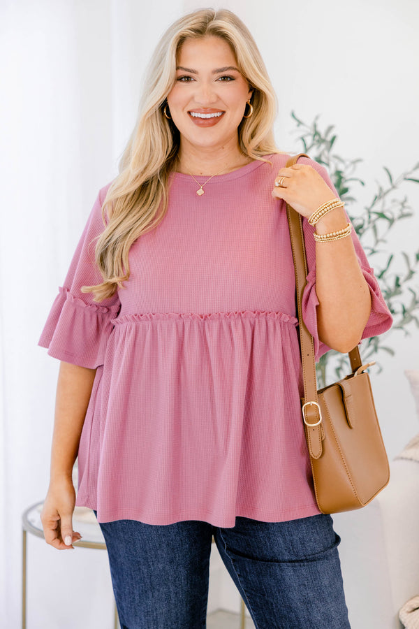 Chic Soul plus size clothing, pinky purple short flutter sleeve baby doll top