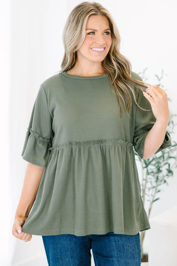 Chic Soul plus size clothing, Olive baby doll top that has short sleeves and small ruffling across the chest and on top of the sleeves 