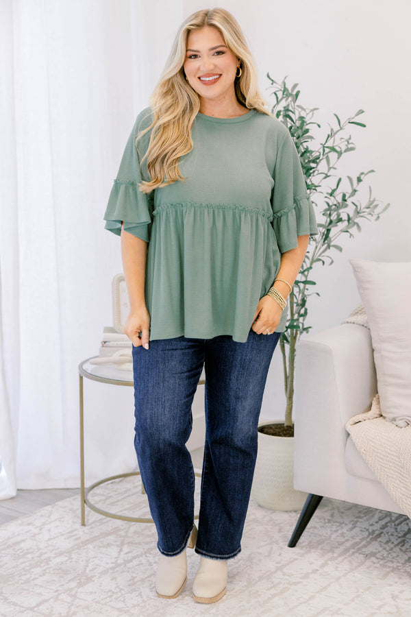 Chic Soul plus size clothing, sage short sleeve tunic with ruffle details under the chest area and half way down the sleeves 