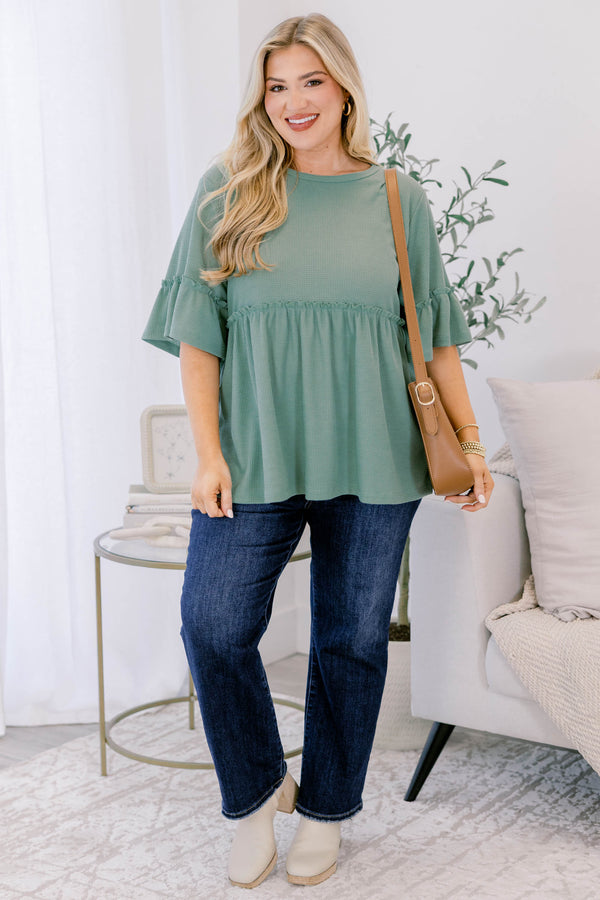 Chic Soul plus size clothing, sage short sleeve tunic with ruffle details under the chest area and half way down the sleeves 