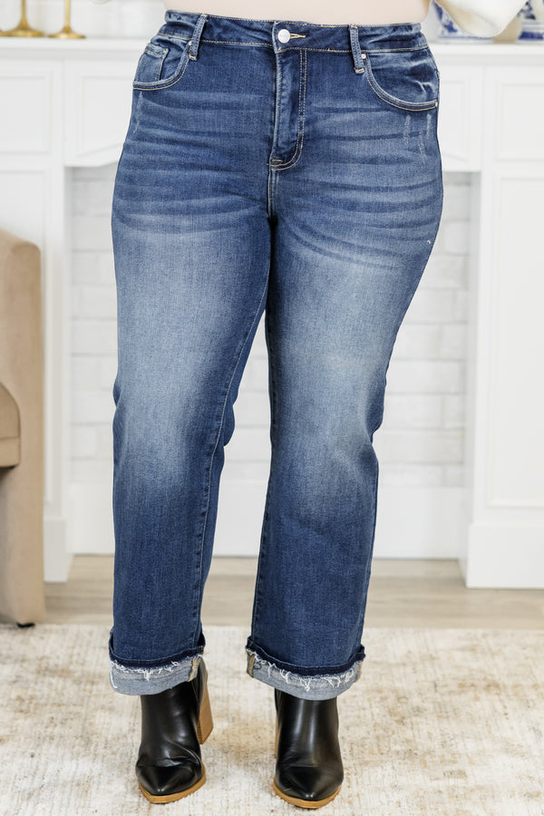 Chic Soul plus size clothing, medium wash denim jeans with no holes or distressing on knees with raw distressed cuffed hem detail