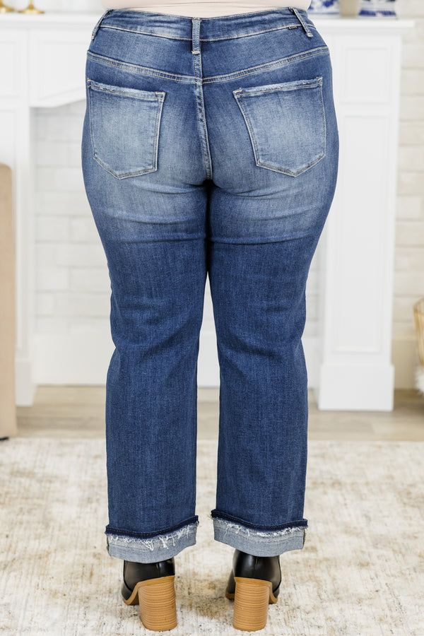 Chic Soul plus size clothing, medium wash denim jeans with no holes or distressing on knees with raw distressed cuffed hem detail