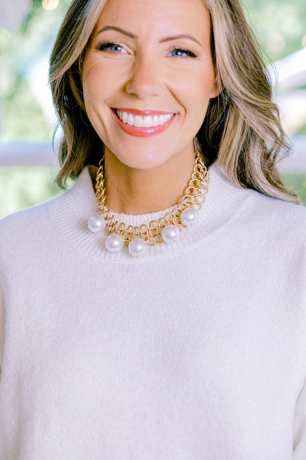 Chic Soul plus size clothing, gold necklace with a woven look as well as pearl details throughout the necklace 