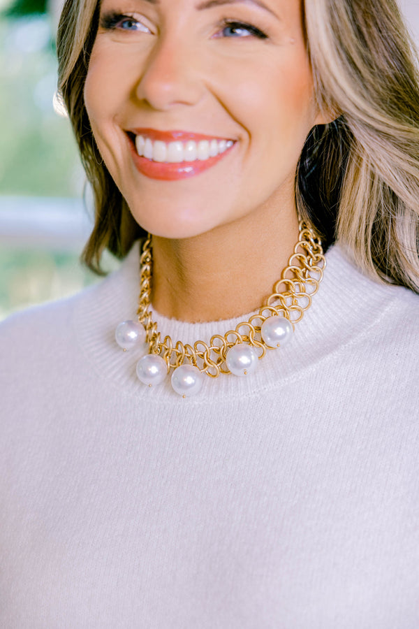 Chic Soul plus size clothing, gold necklace with a woven look as well as pearl details throughout the necklace 