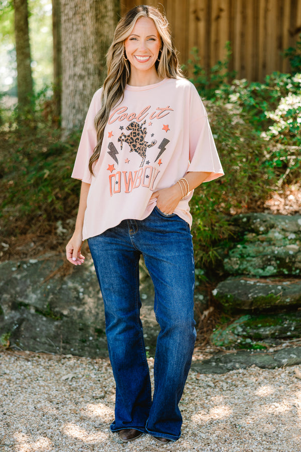 Chic Soul plus size clothing, blush pink oversized slightly cropped graphic tee with 