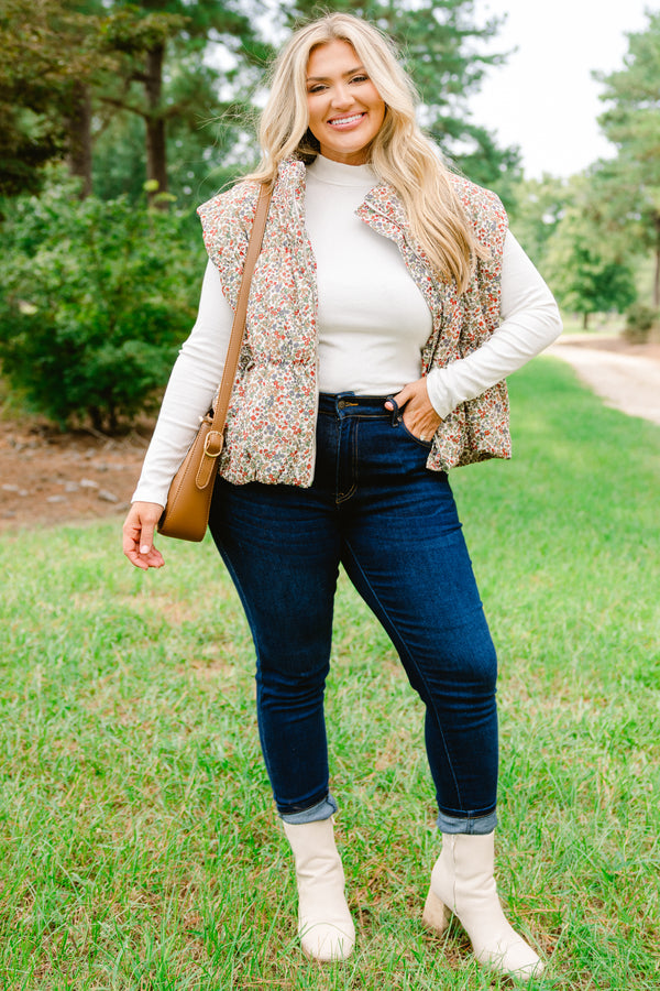 Chic Soul plus size clothing, multi colored floral print puffer vest that zips up