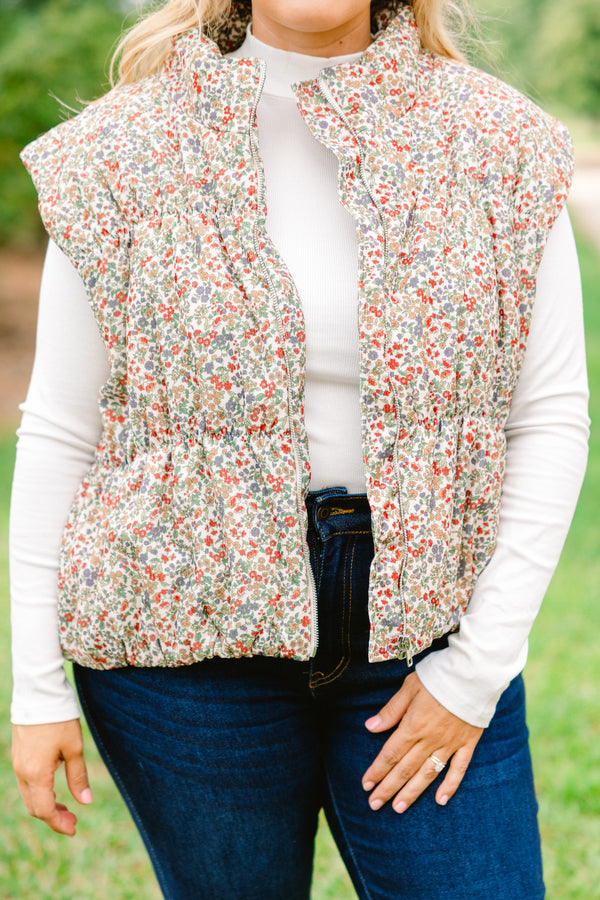 Chic Soul plus size clothing, multi colored floral print puffer vest that zips up
