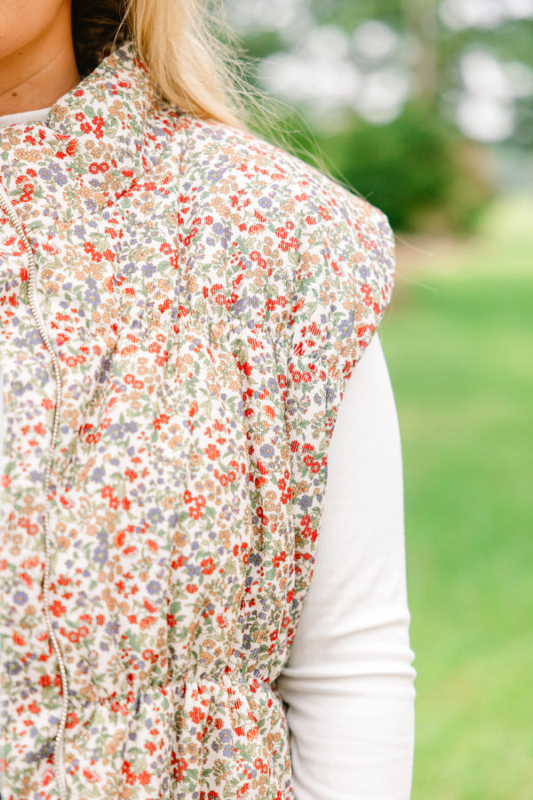 Chic Soul plus size clothing, multi colored floral print puffer vest that zips up